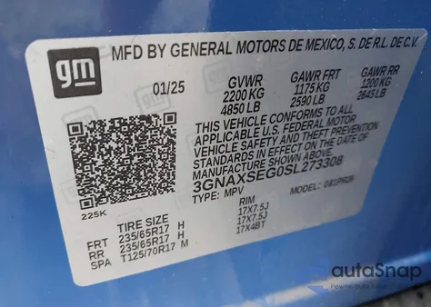 2025 Chevrolet Equinox Awd Activ из США, поврежденный, VIN 3GNAXSEG0SL273308